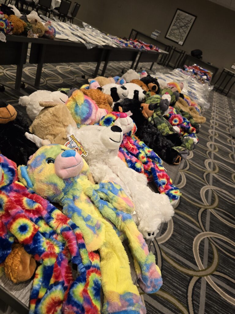 A row of colorful, tie-dye, and classic teddy bears lined up on a patterned carpet as part of the Team Teddy Rescue Bear event. The bears are ready to be dressed and completed as part of a charitable team building program.