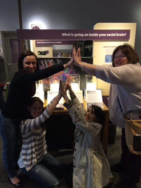 Team members collaborating in a museum exhibit during a scavenger hunt. They engage in a hands-on challenge, using teamwork to explore and solve interactive brain teasers.