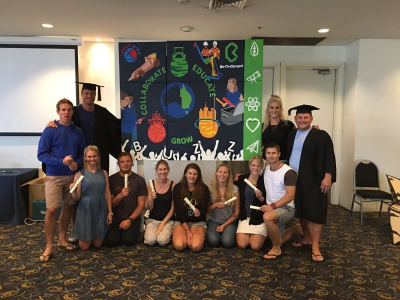 A group of participants proudly posing in front of their completed mural, created during The Big Picture team building event. The mural features words like 